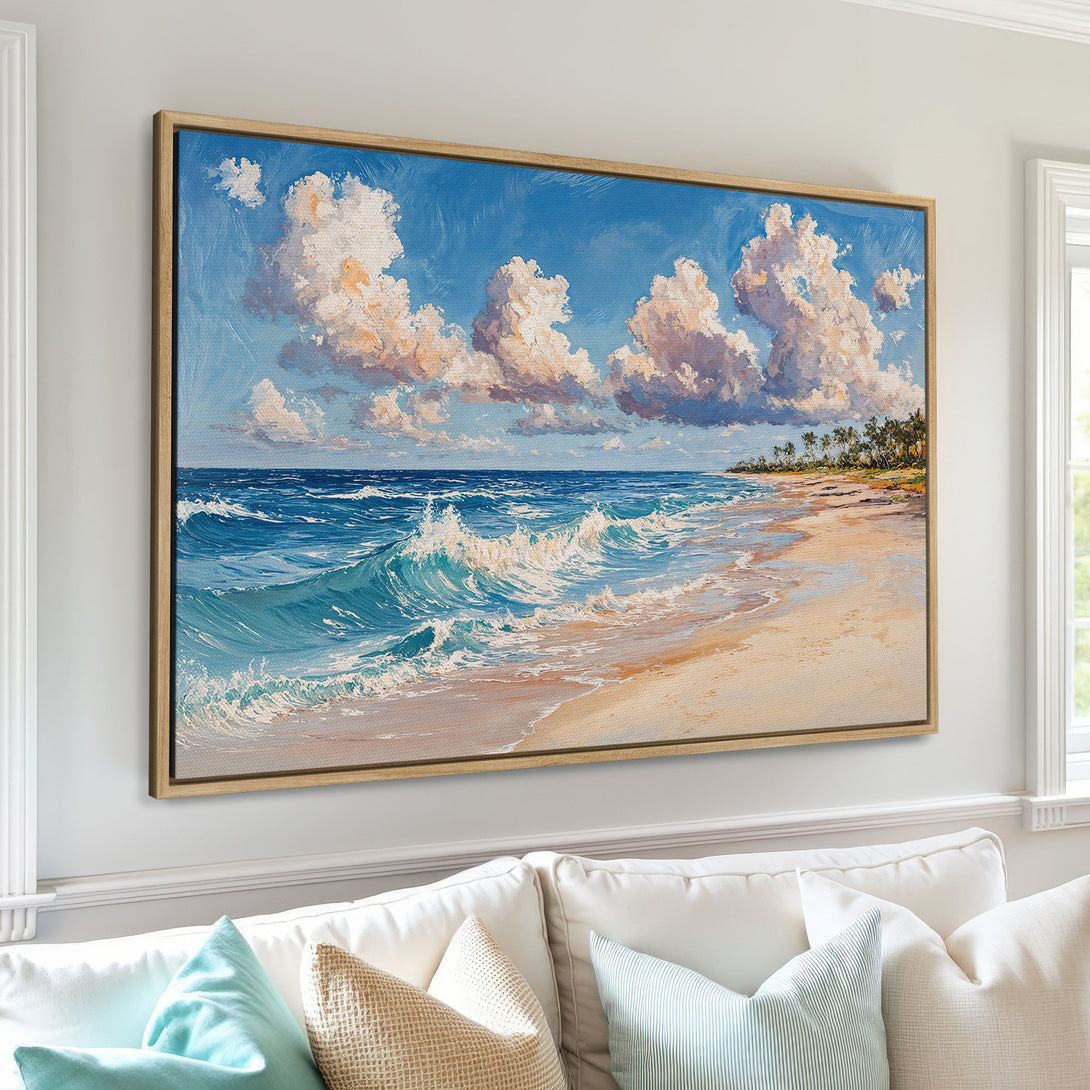 Framed Wall Art Canvas Print of a vibrant beach scene with blue ocean, white clouds, and sandy shore. Coastal art in a calming blue and beige palette.