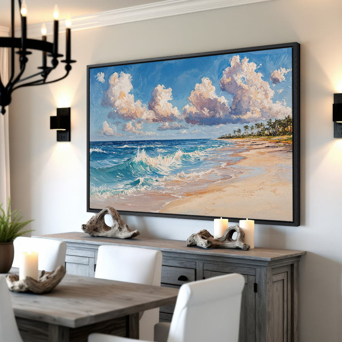 Framed Wall Art: Coastal beach scene Canvas Print with blue, white, and tan color palette. Perfect for adding a touch of serenity to your home decor.