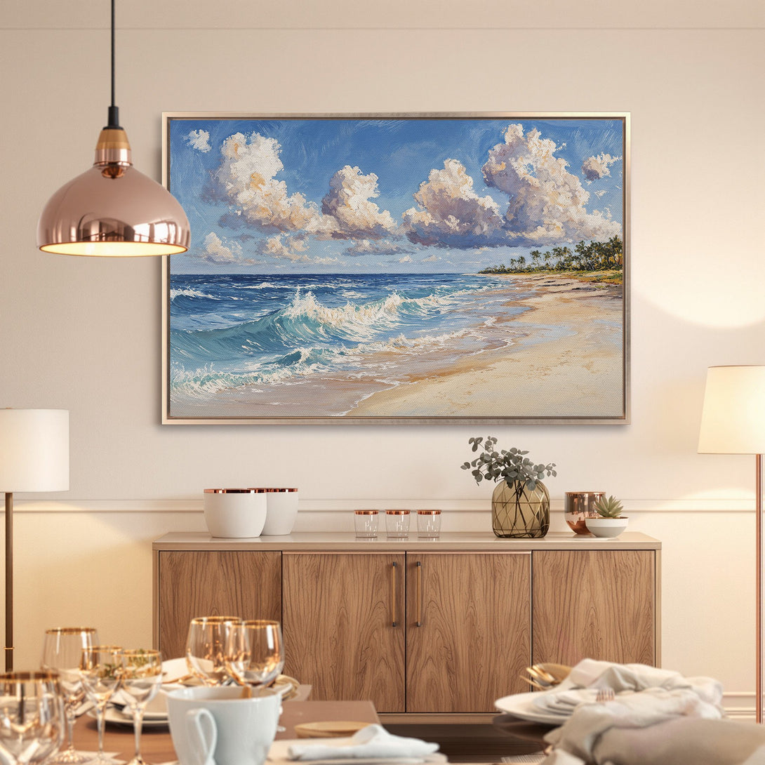 Framed Wall Art: Coastal beach scene with blue, white, and beige tones. Perfect for adding a calming touch to your home decor.
