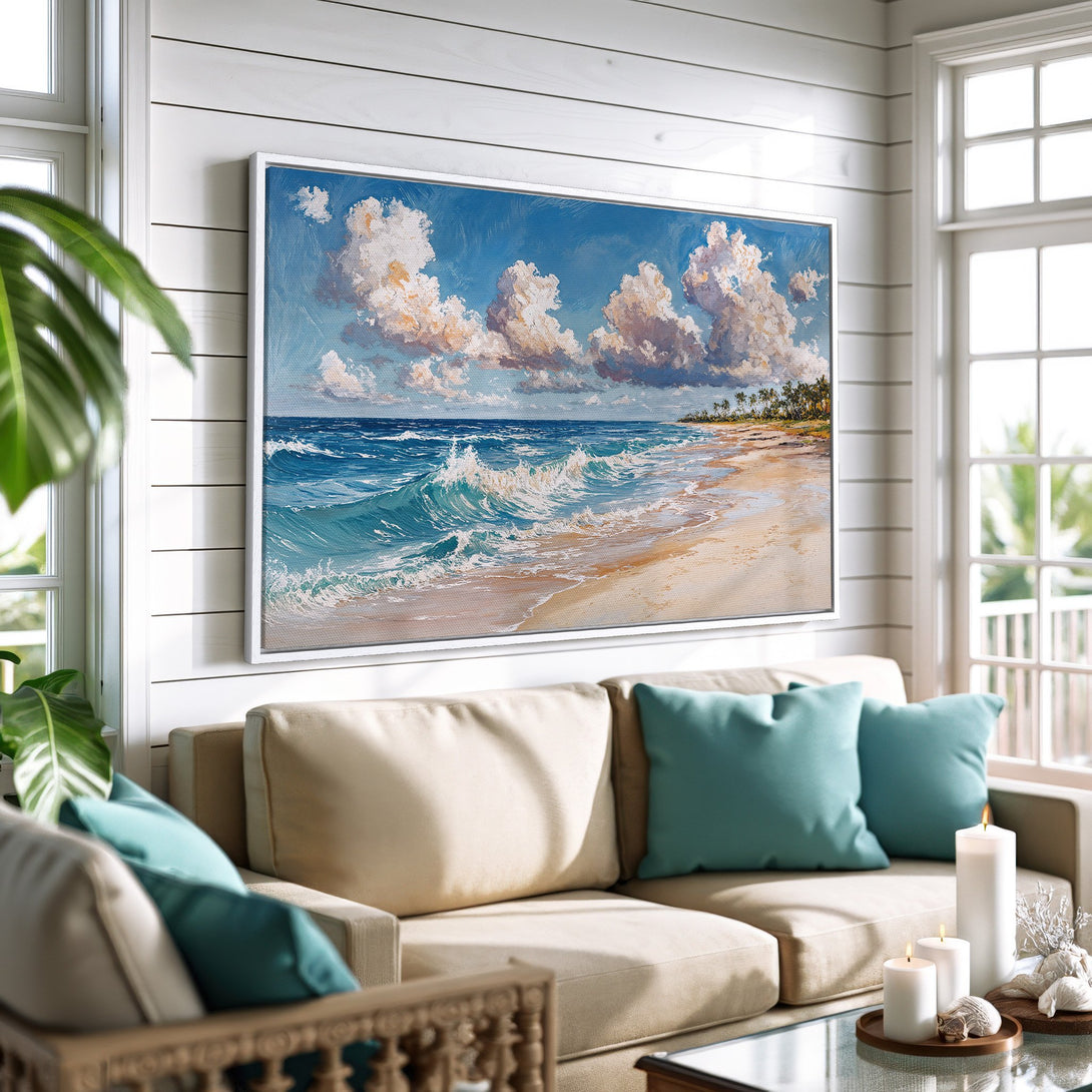 Framed Wall Art: Coastal beach scene canvas print in a bright, airy interior. Blue, white, and sand tones create a relaxing, inviting atmosphere.