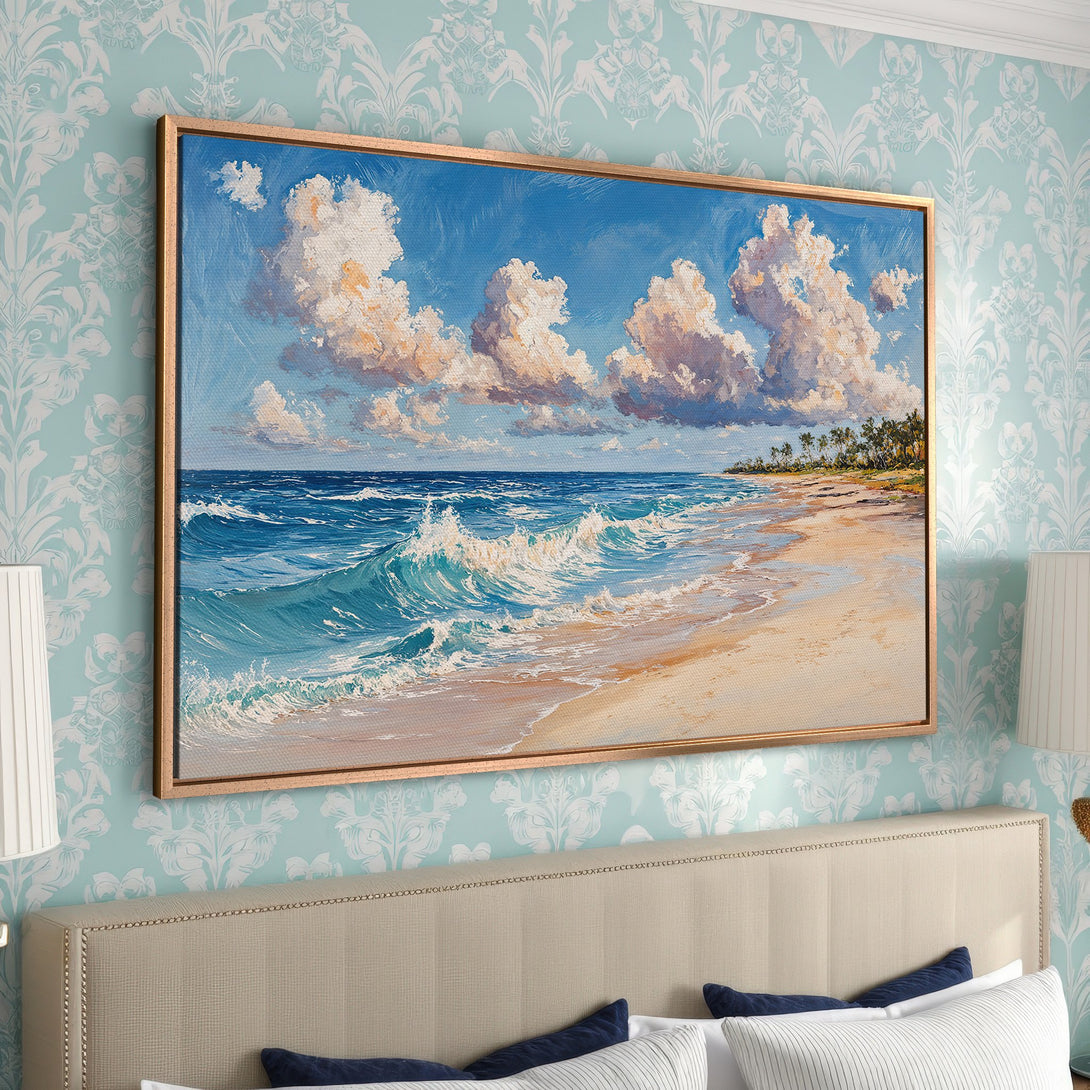 Framed Wall Art: Coastal beach scene Canvas Print, impressionist style with blue, white, and beige tones. Perfect for adding a touch of serenity to your home decor.