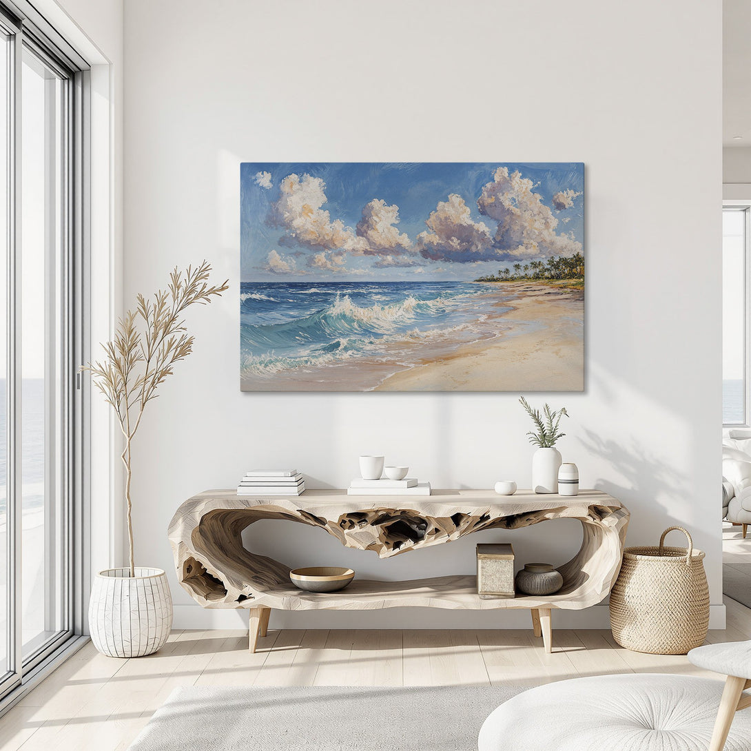 Framed Wall Art: Coastal beach scene canvas print with blue, white, and tan color palette. Perfect for adding a touch of serenity to any room.