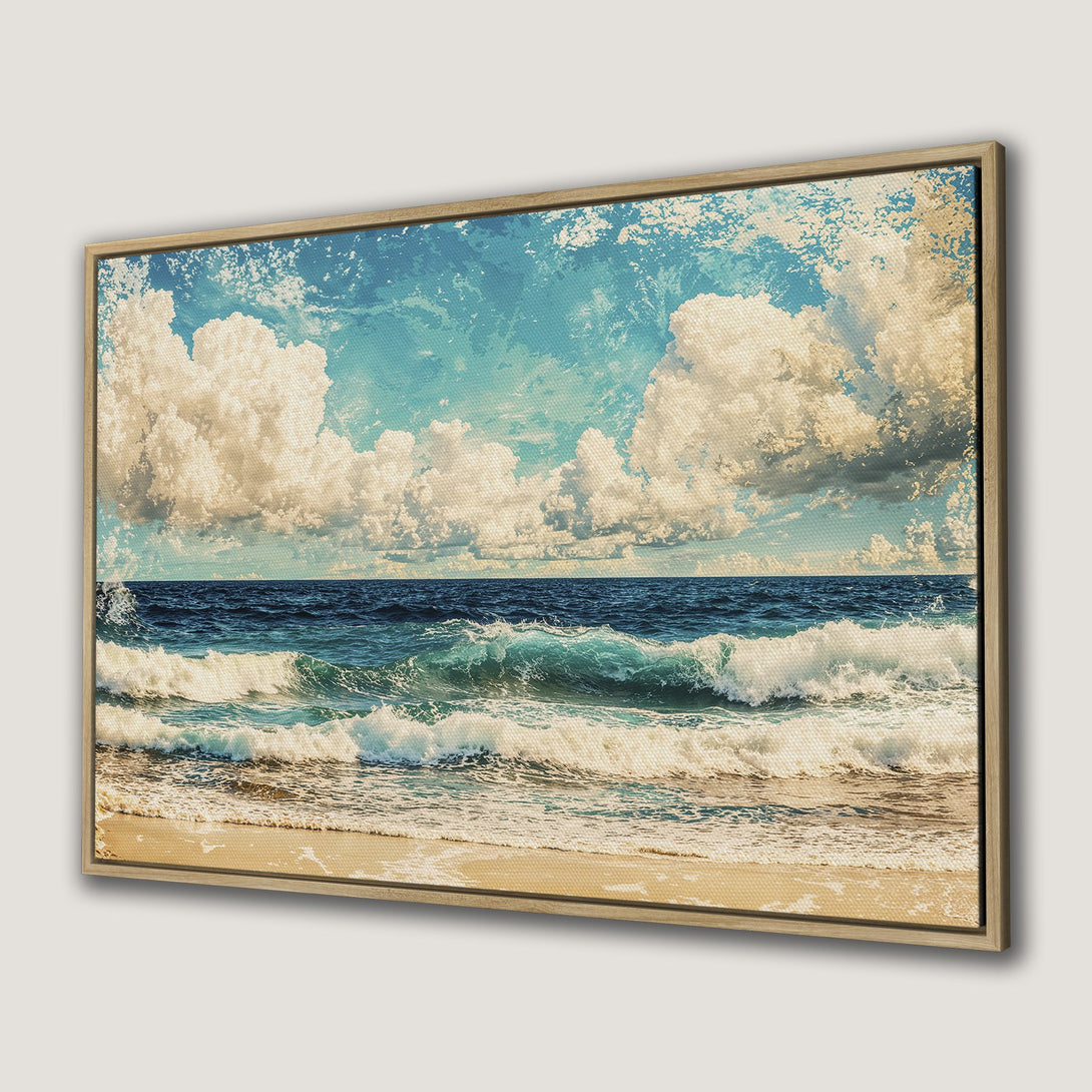 Canvas Print of a serene beach scene with blue ocean, puffy clouds, and a vintage aesthetic. Coastal wall art in a calming color palette.