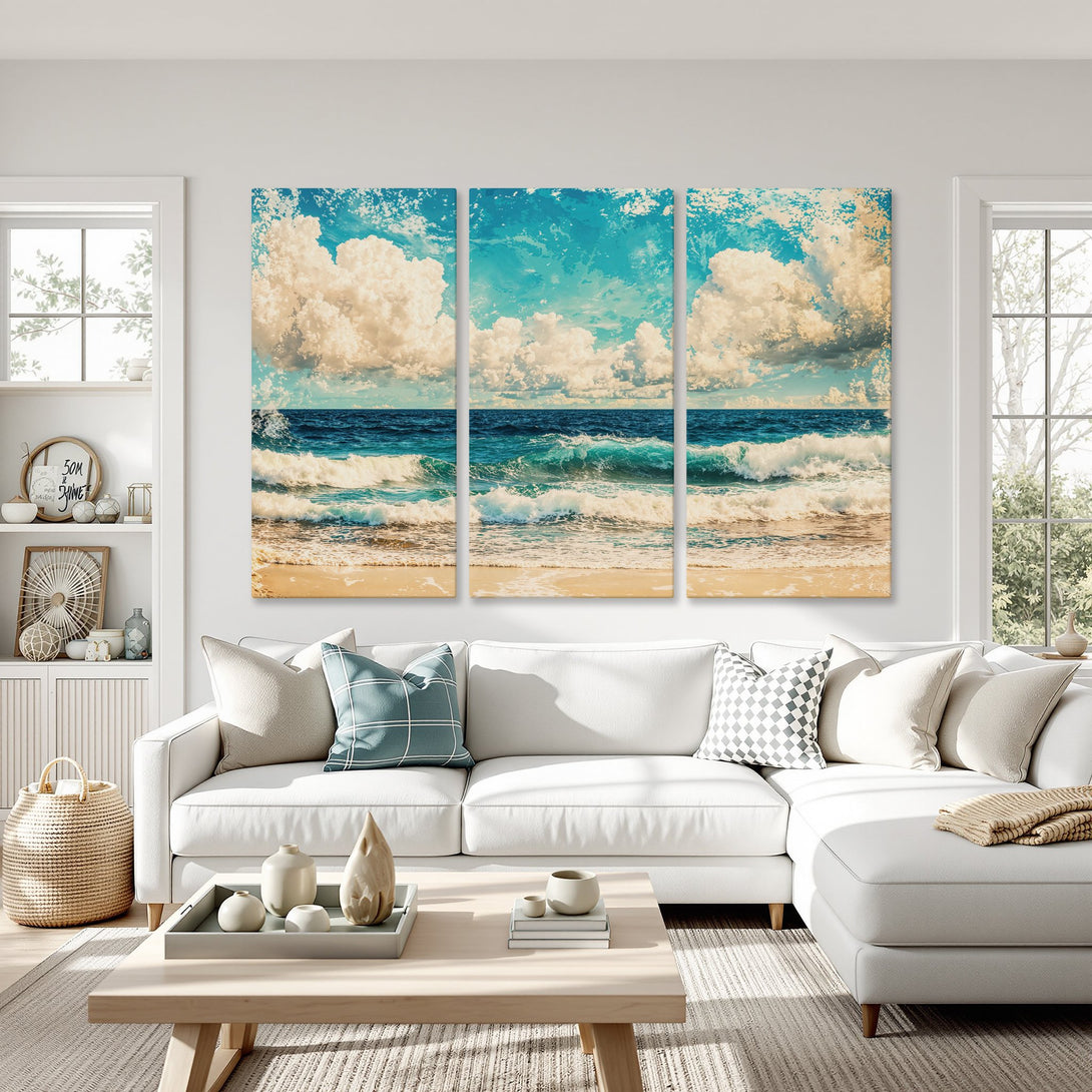 Canvas Print of ocean waves and sky, vintage style, blue and beige color palette, perfect for coastal decor.