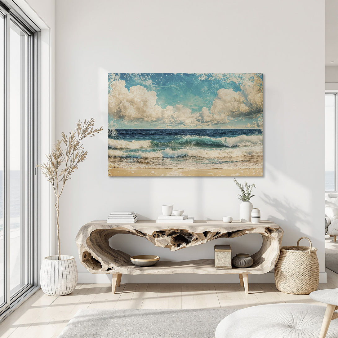 Framed Wall Art: Coastal scene with blue, turquoise, and beige hues. Ocean waves canvas print in a bright interior setting. Perfect for beach house decor.