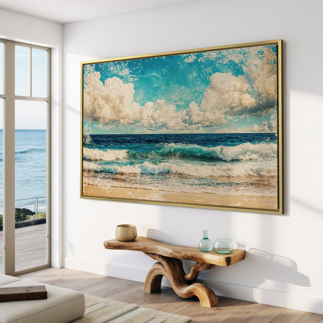 Canvas Print of a serene ocean scene in a coastal style, featuring blue and beige tones. Perfect for adding a touch of tranquility to your home.