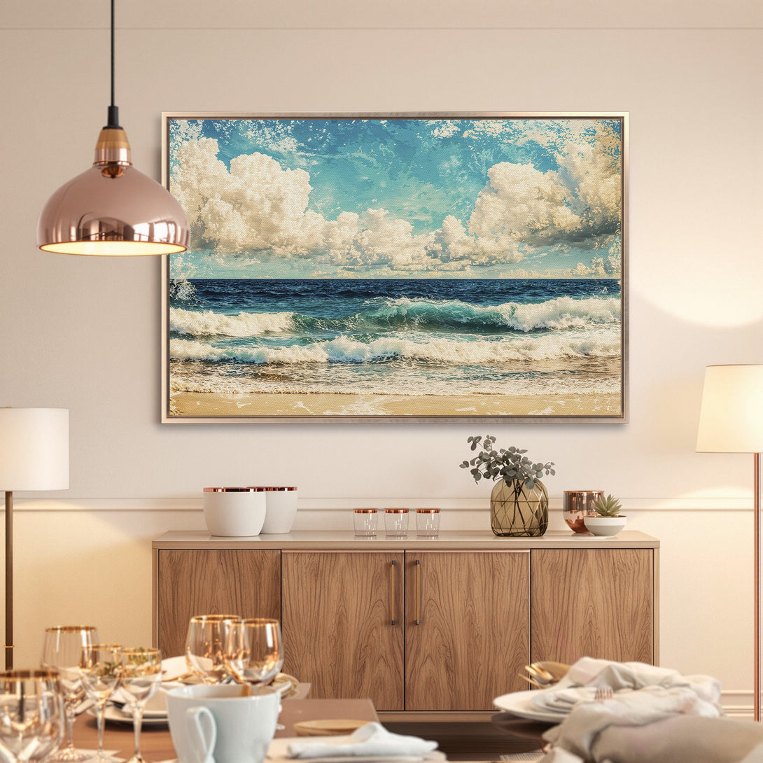 Framed Wall Art: Ocean waves Canvas Print in blue and beige. Coastal art for a serene home.