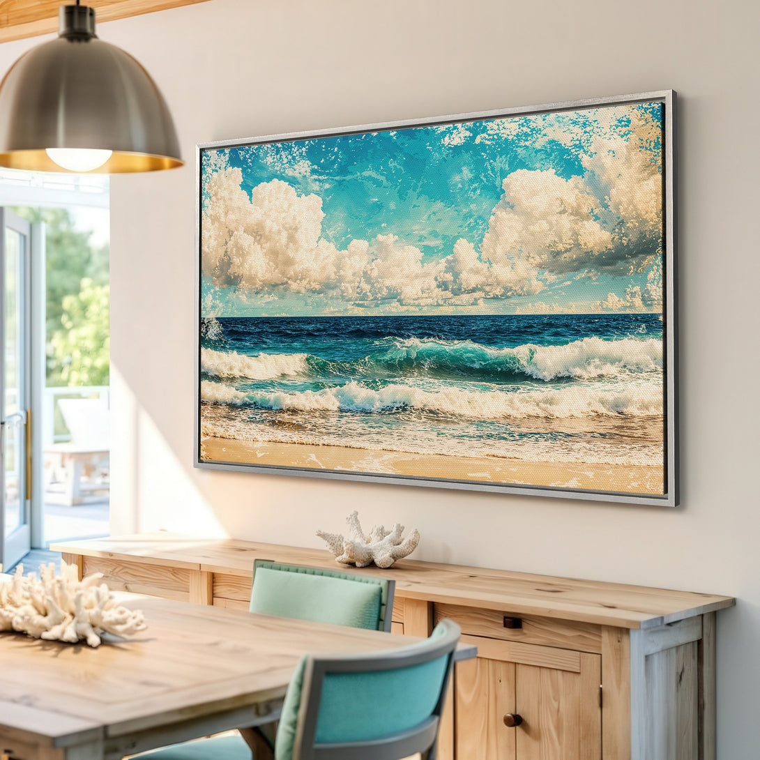 Framed Wall Art Canvas Print of ocean waves with blue, turquoise, and beige tones. Coastal artwork for modern home decor.