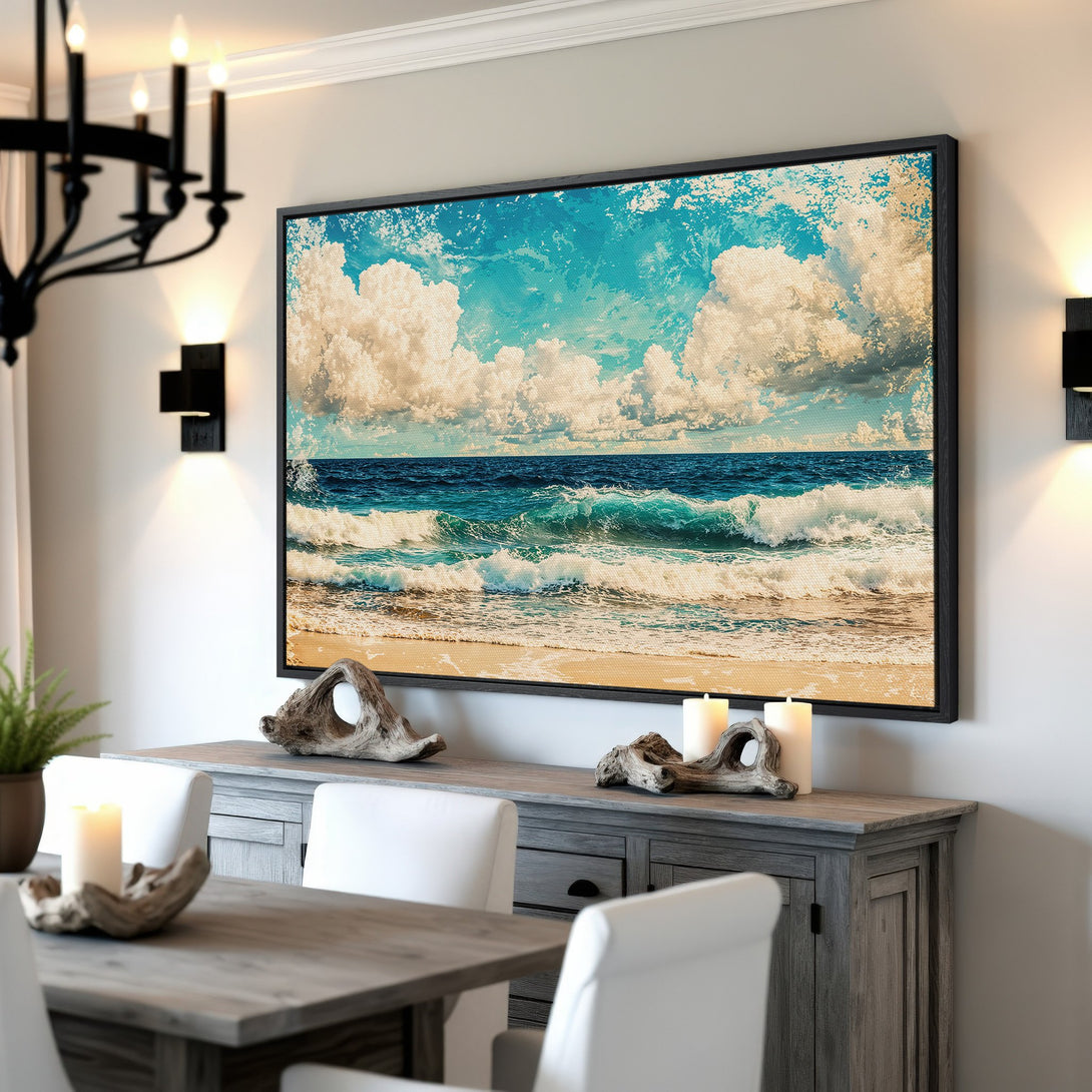 Framed Wall Art of a serene ocean scene with blue, white, and beige tones. Coastal style Canvas Print adds a calming touch to any interior.