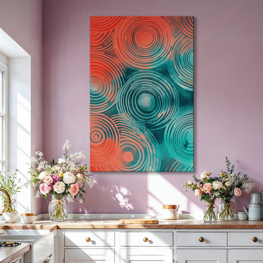Framed Wall Art featuring abstract circles in teal and coral. Modern art canvas print adds a pop of color to any living room. Shop now!