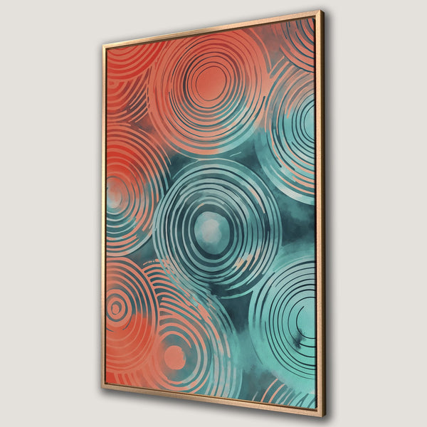 Framed Wall Art featuring abstract circles in coral and teal. Modern art canvas print perfect for adding a pop of color to your home decor.
