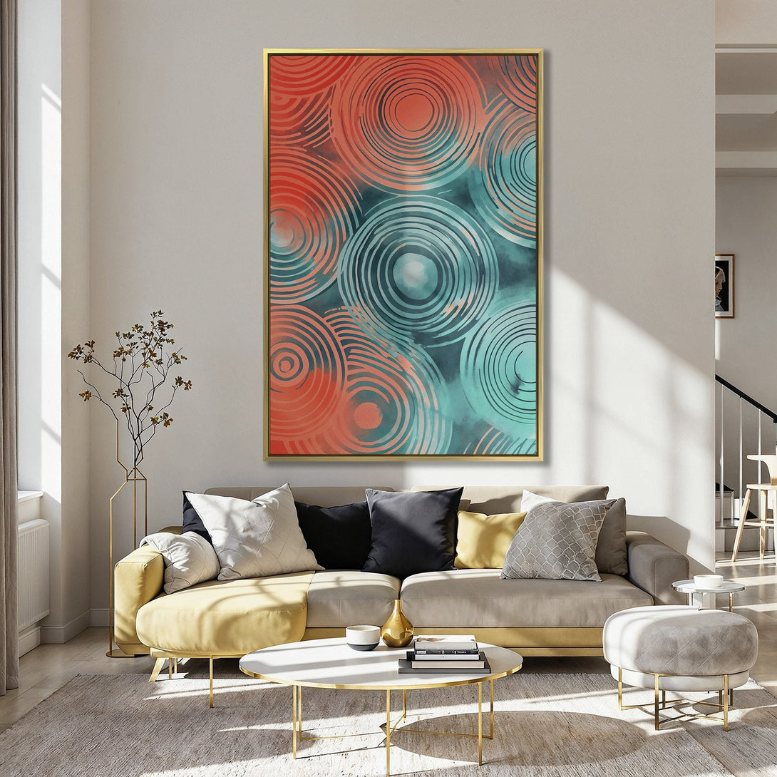 Abstract Canvas Print with teal and coral circles, modern art style, displayed in a kitchen. Perfect wall decor for a pop of color!