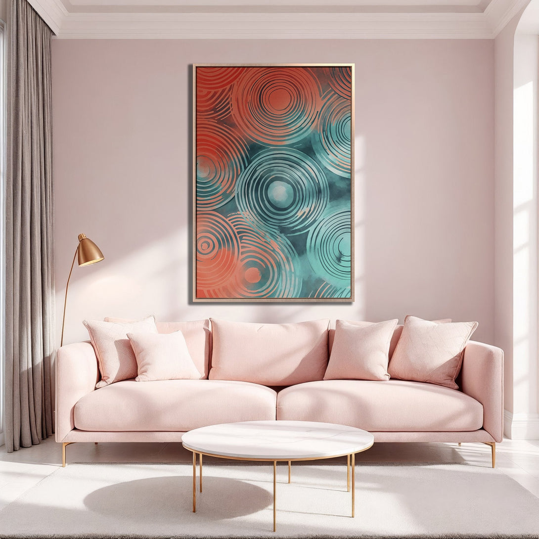 Framed Wall Art featuring abstract circles in teal and coral, perfect for adding a pop of color to your living room. Modern art with a soft, inviting color palette.