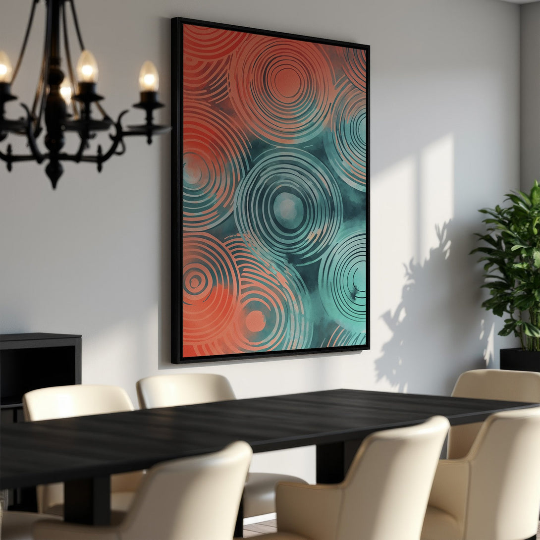 Framed Wall Art featuring abstract circles in teal and coral hues. Modern art print adds a pop of color to any dining room or living space.