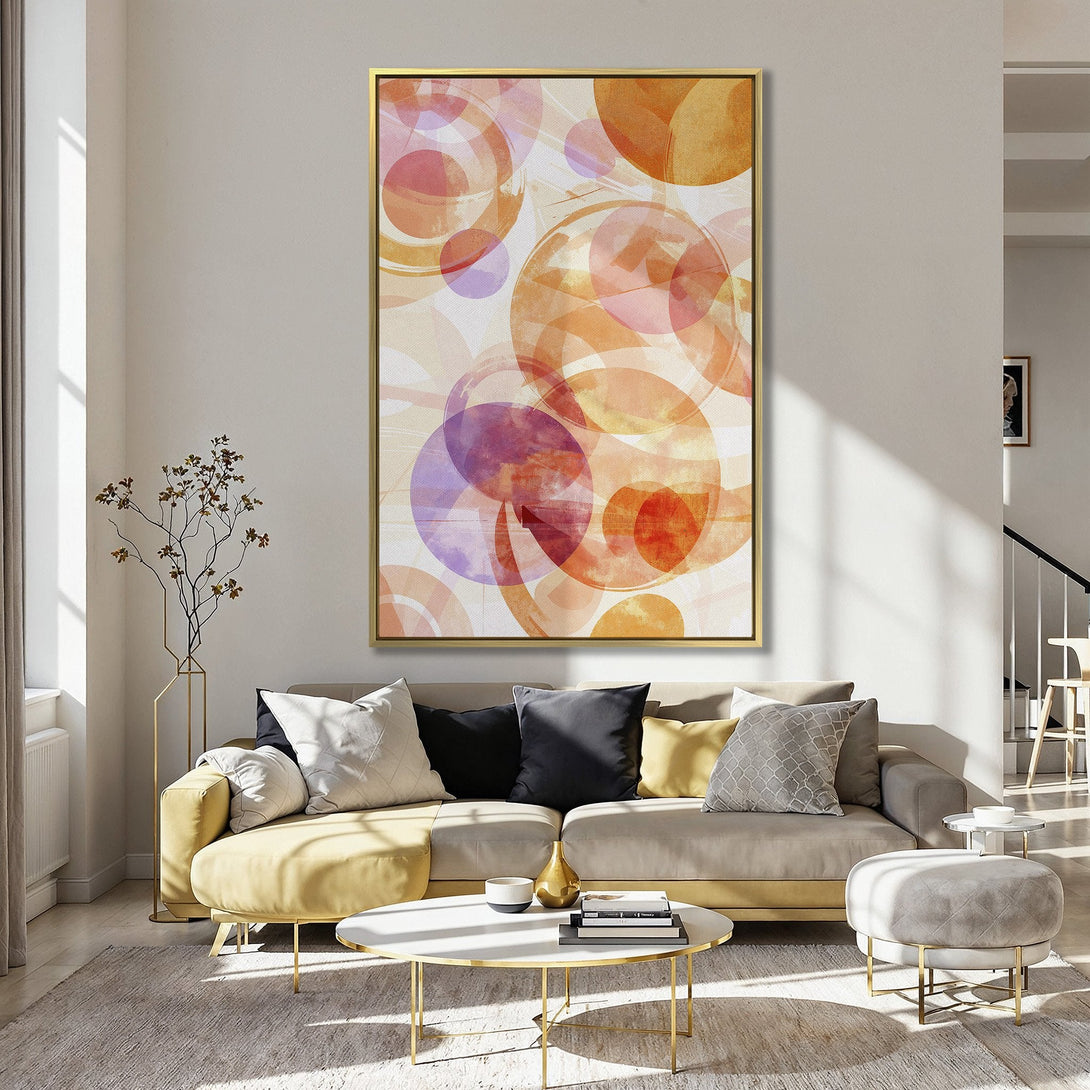 Abstract Canvas Print with orange and purple circles, perfect for adding a pop of color to your home decor.