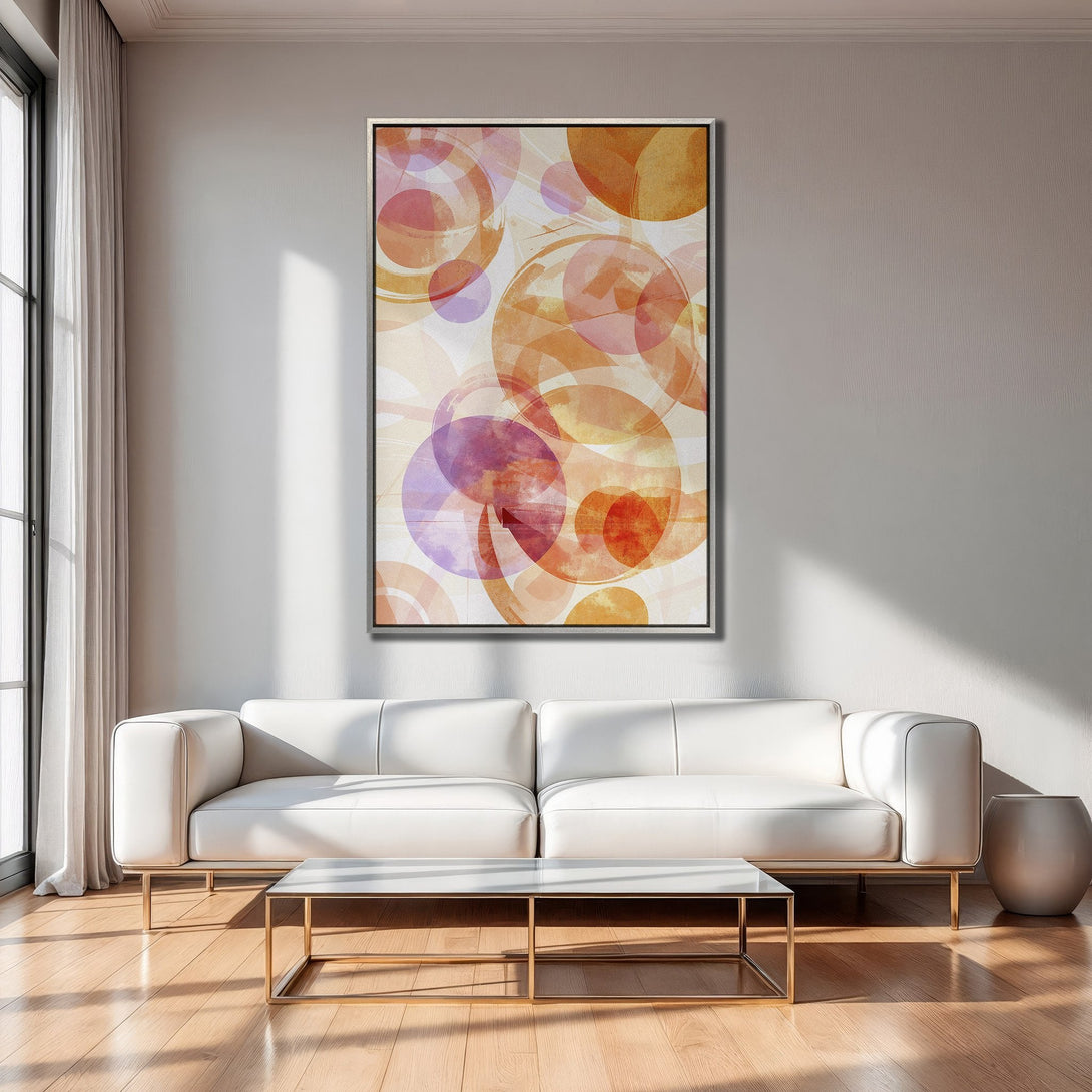 Framed Wall Art featuring abstract circles in warm orange, pink, and purple hues. Modern art for living room decor.
