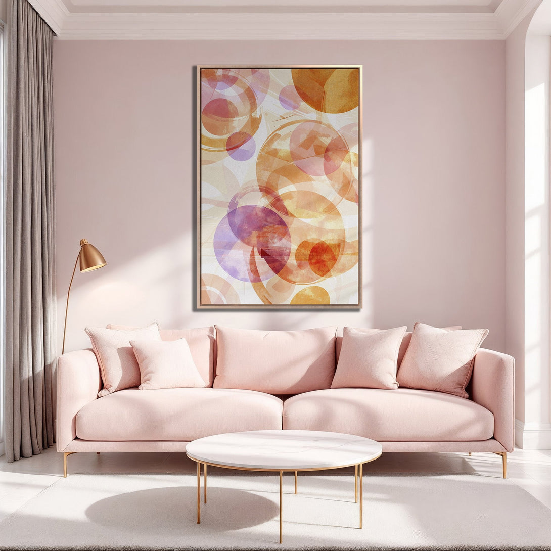 Framed Wall Art featuring abstract watercolor circles in warm orange, pink, and purple tones. Modern art for a stylish living room.