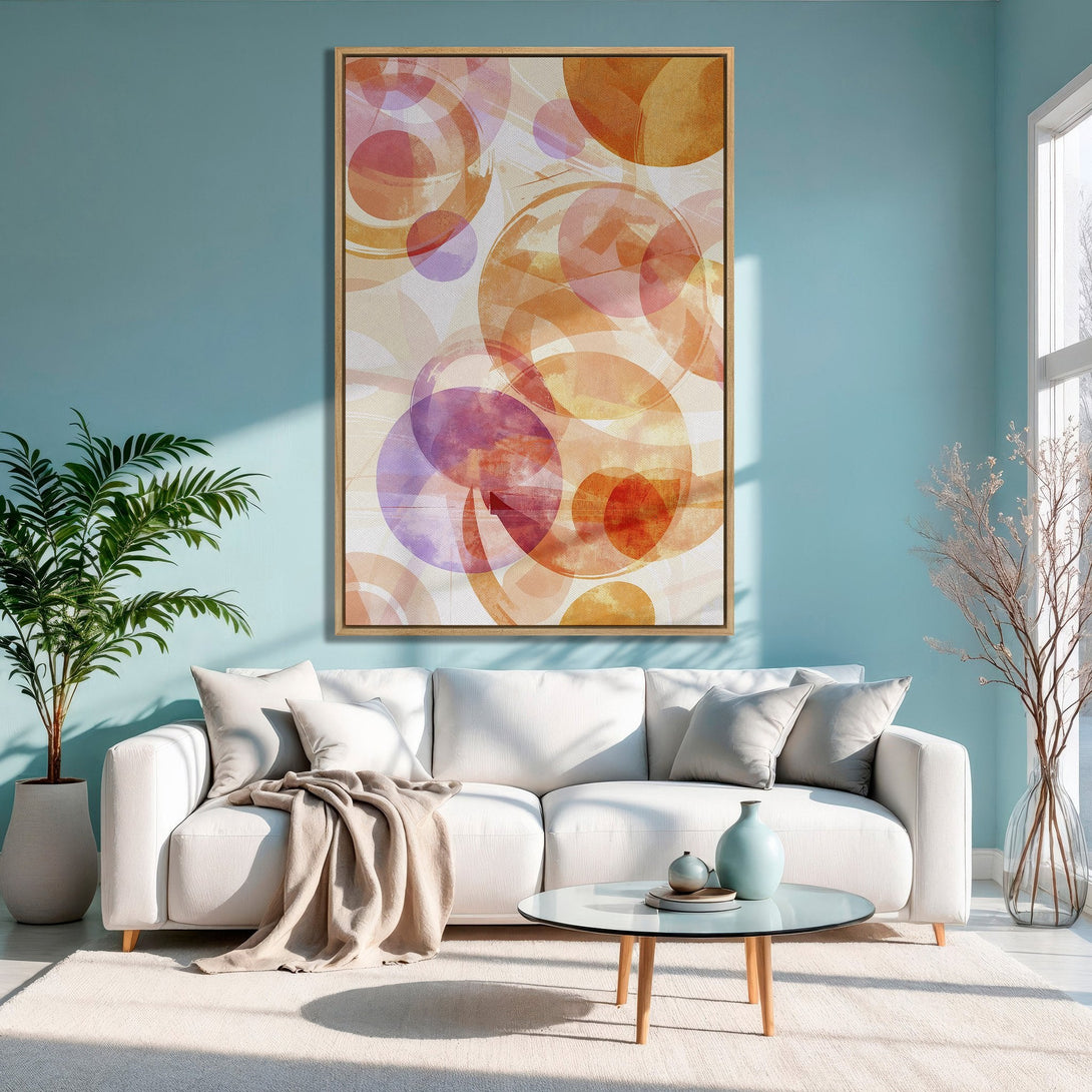 Framed Wall Art: Abstract circle design in warm orange and purple hues. Modern art canvas print adds a pop of color to any living room.