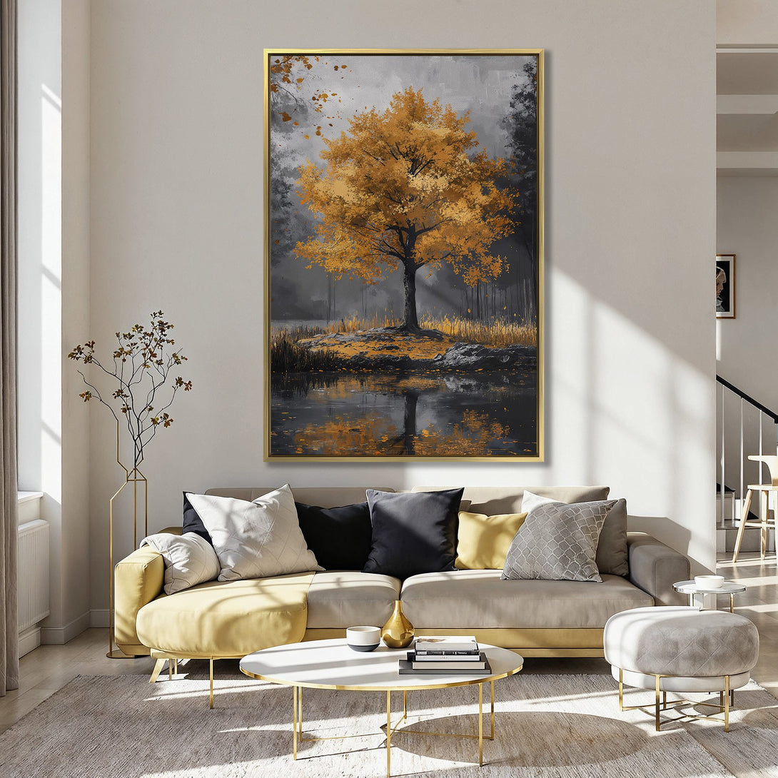 Canvas Print of a golden autumn tree landscape. Modern art with a warm, inviting color palette. Perfect for any room!