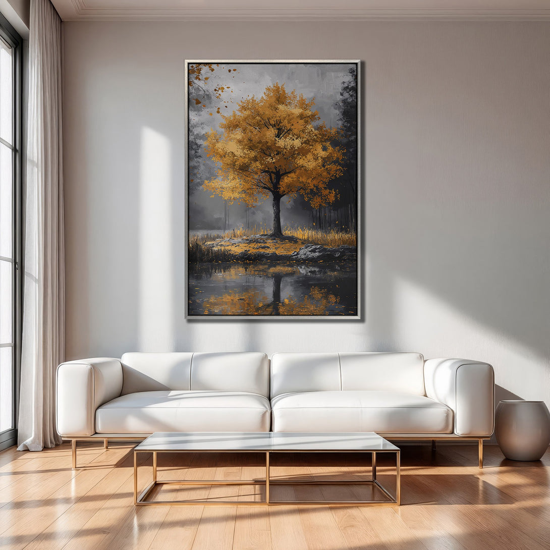 Framed Wall Art: Golden tree landscape painting in a modern interior. Neutral gray and gold color palette, perfect for living room decor.
