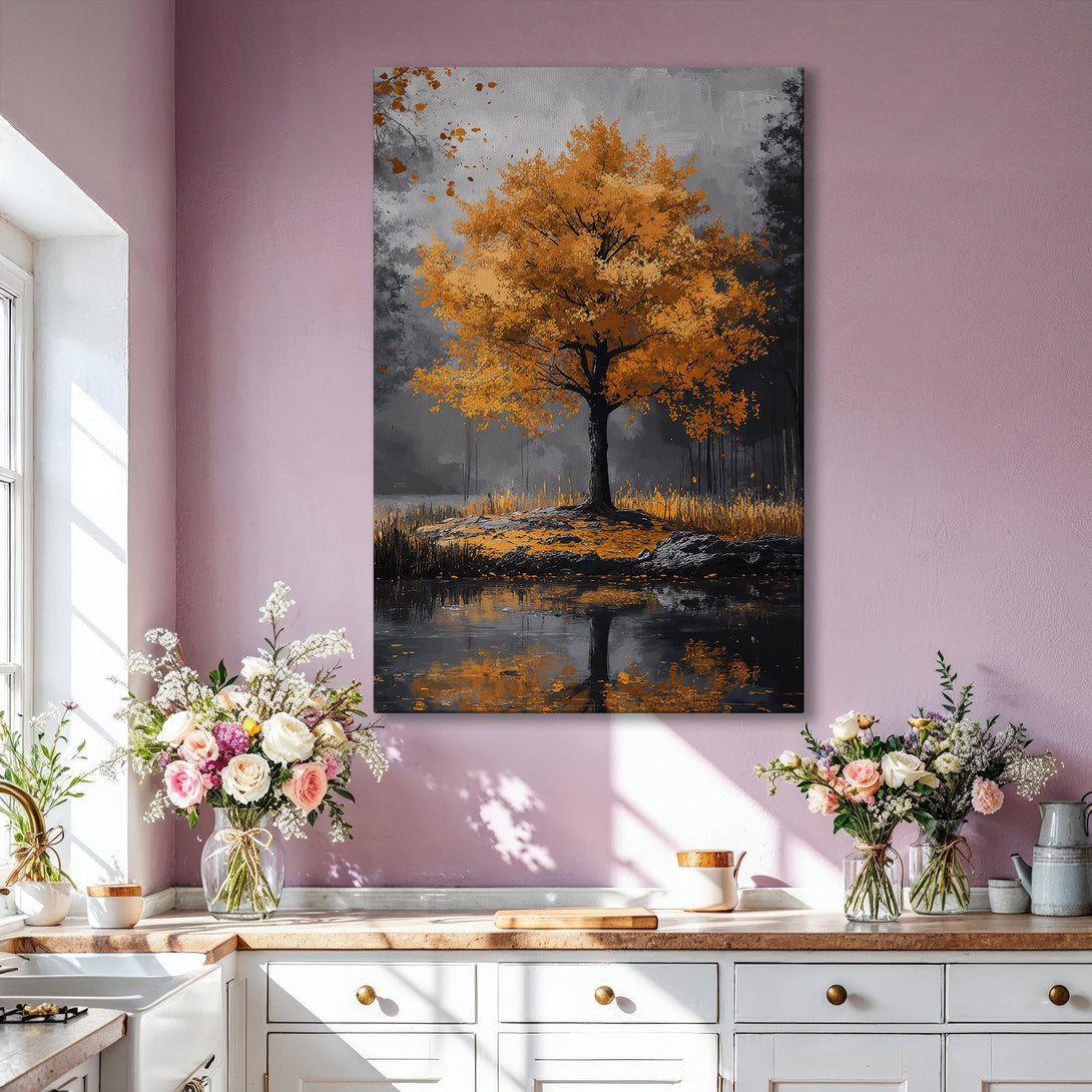 Framed Wall Art featuring a golden tree painting. Abstract style with a warm, neutral color palette. Perfect for modern home decor.