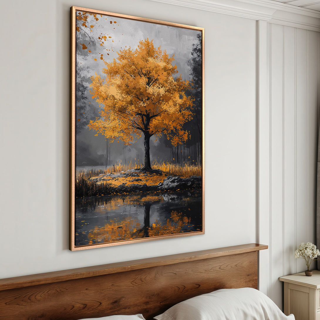 Framed Wall Art: Autumn tree landscape canvas print in gold, gray, and black. Perfect for adding a touch of nature and warmth to your home decor.