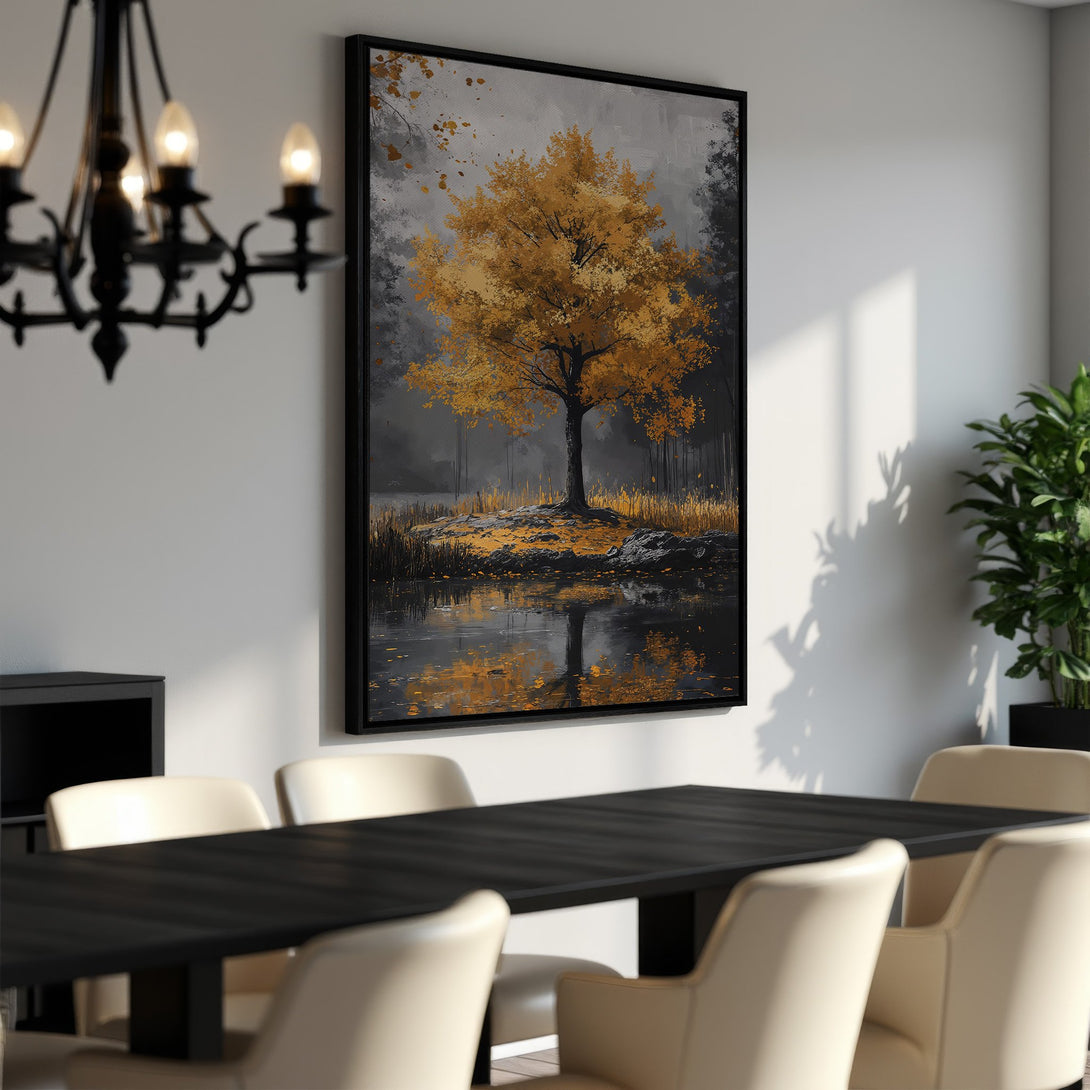 Framed Wall Art: Golden tree landscape canvas print in a modern dining room. Features a warm gold and gray color palette, perfect for home decor.