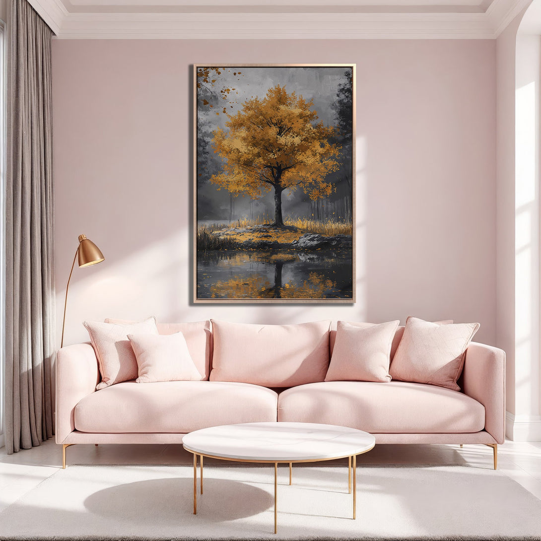 Framed Wall Art: Golden tree landscape in a modern style. Adds a touch of elegance with its warm gold and gray color palette. Perfect for any living room!