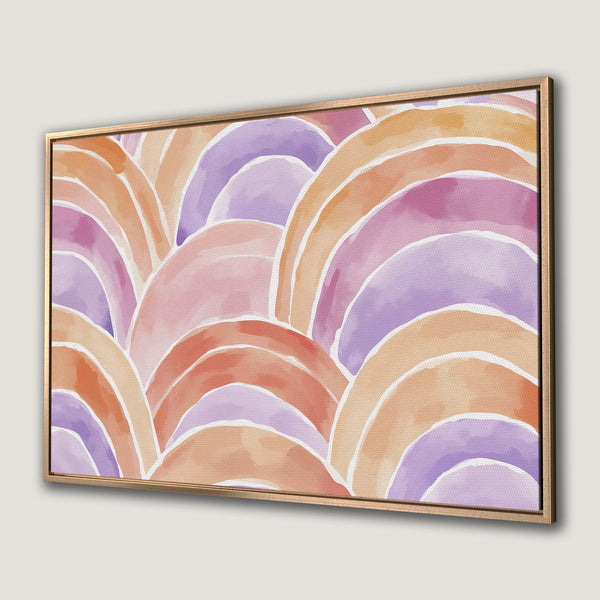 Framed Wall Art featuring an abstract watercolor design in warm orange, pink, and purple hues. Modern art perfect for adding a pop of color to any space.