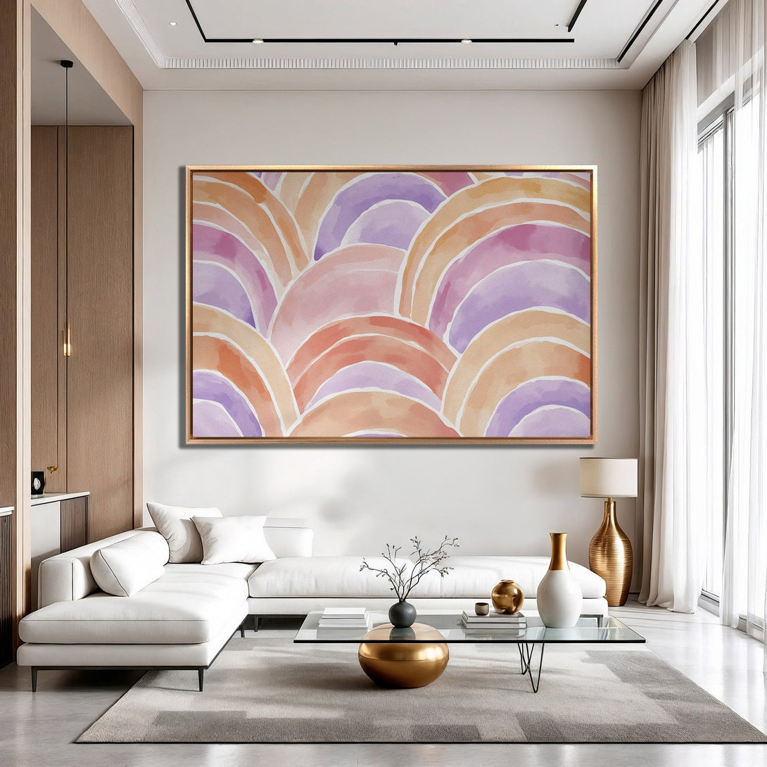 Framed Wall Art featuring abstract watercolor arches in warm peach, pink, and purple hues. Modern art for a stylish living room.