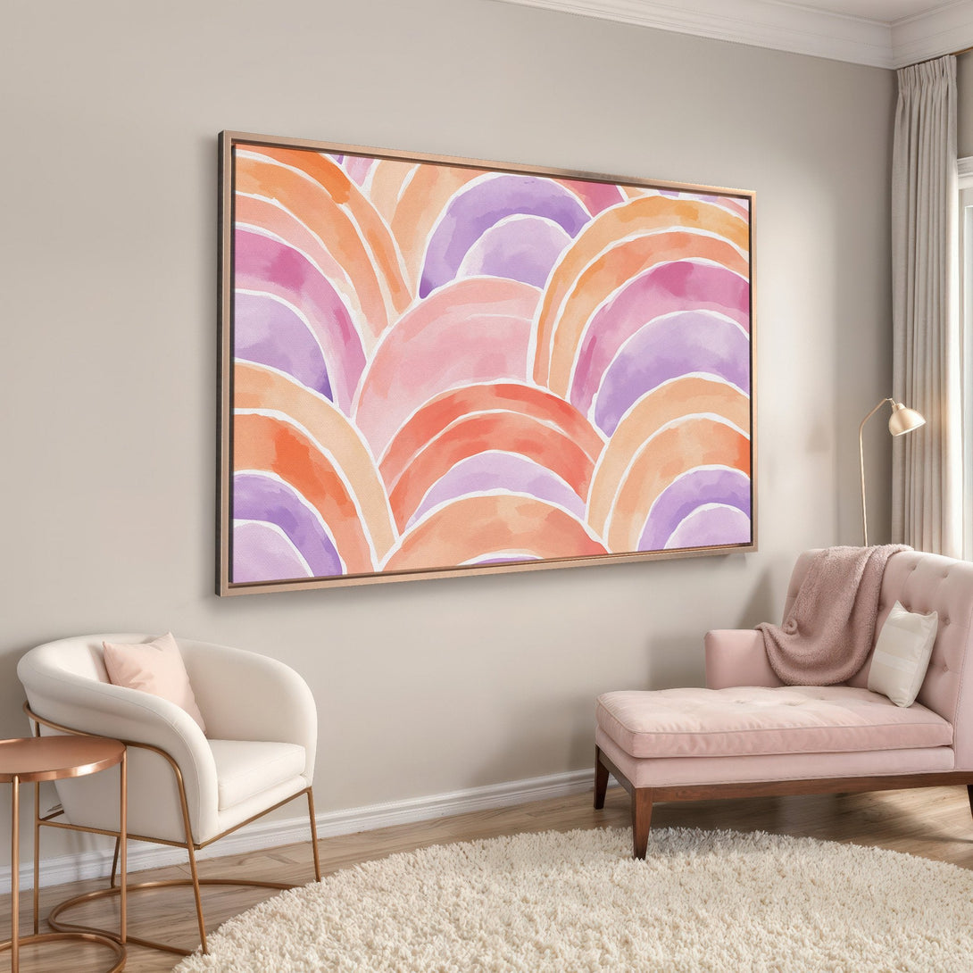 Framed Wall Art: Abstract watercolor canvas print in warm pink, orange, and purple tones. Modern art for your home decor.