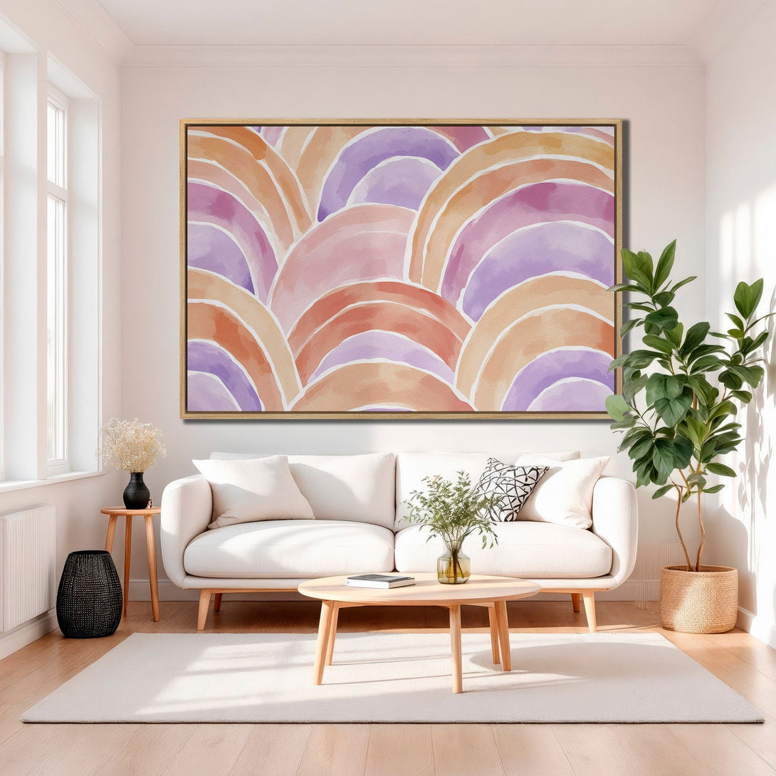 Framed Wall Art: Abstract watercolor arches in pastel pinks, oranges, and purples. Modern art for living room decor. Enhance your space with this Canvas Print.