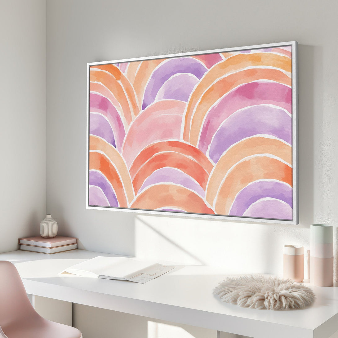 Framed Wall Art featuring abstract watercolor design in warm pink, orange, and purple tones. Modern art for home decor, perfect for adding a pop of color.