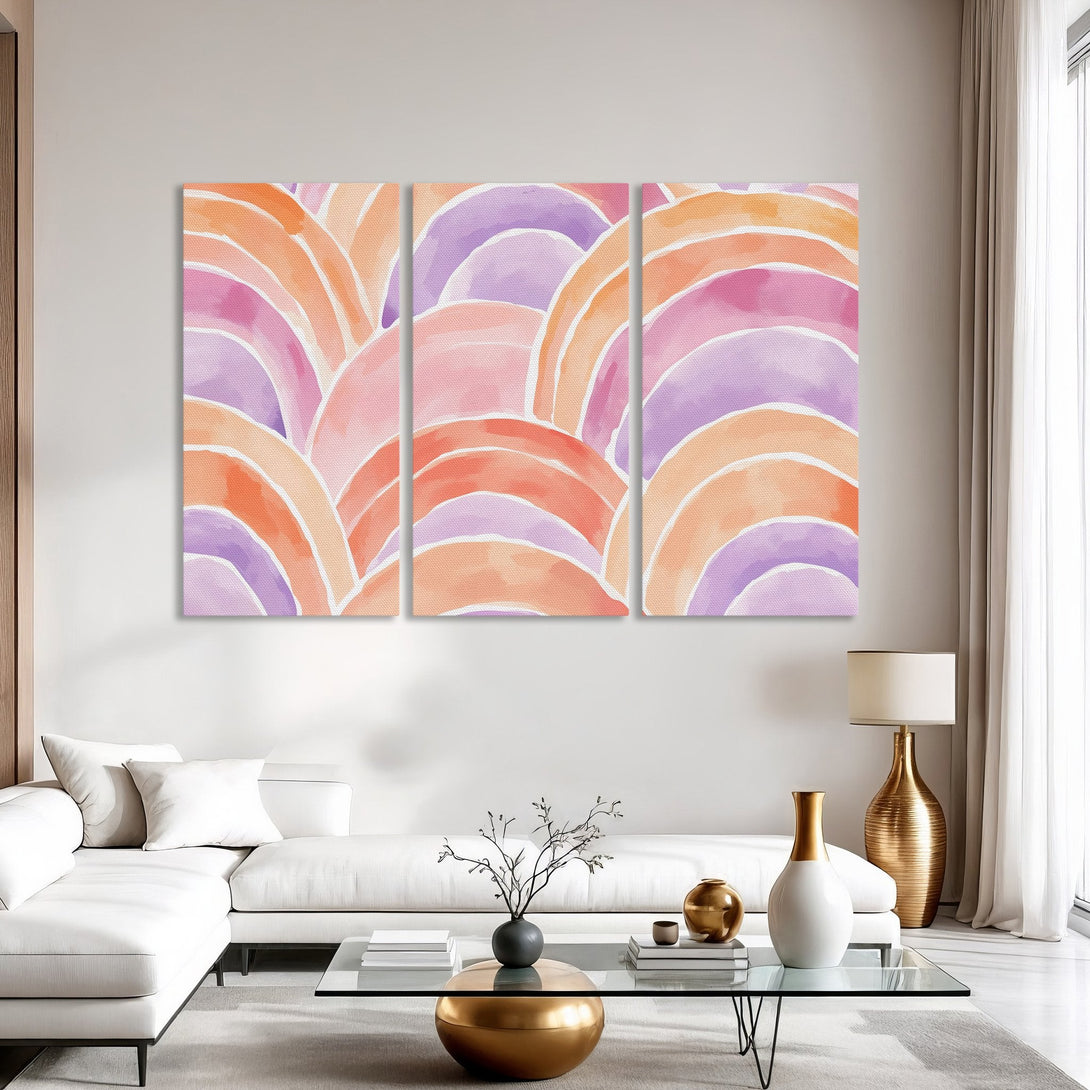 Canvas Print featuring abstract watercolor arches in a warm color palette of pink, orange, and purple, perfect for modern home decor.