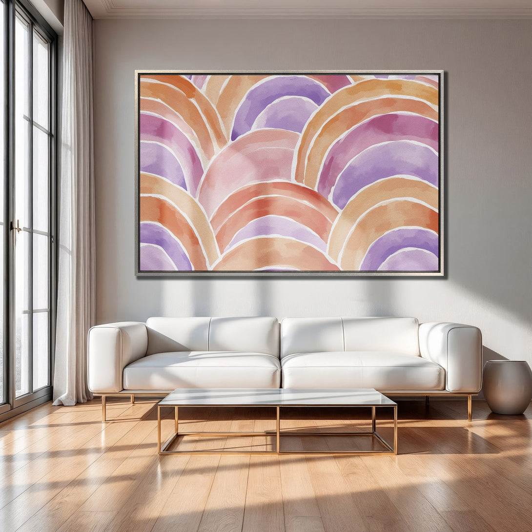 Framed Wall Art featuring an abstract watercolor design in warm orange, pink, and purple tones. Modern art for living room decor.