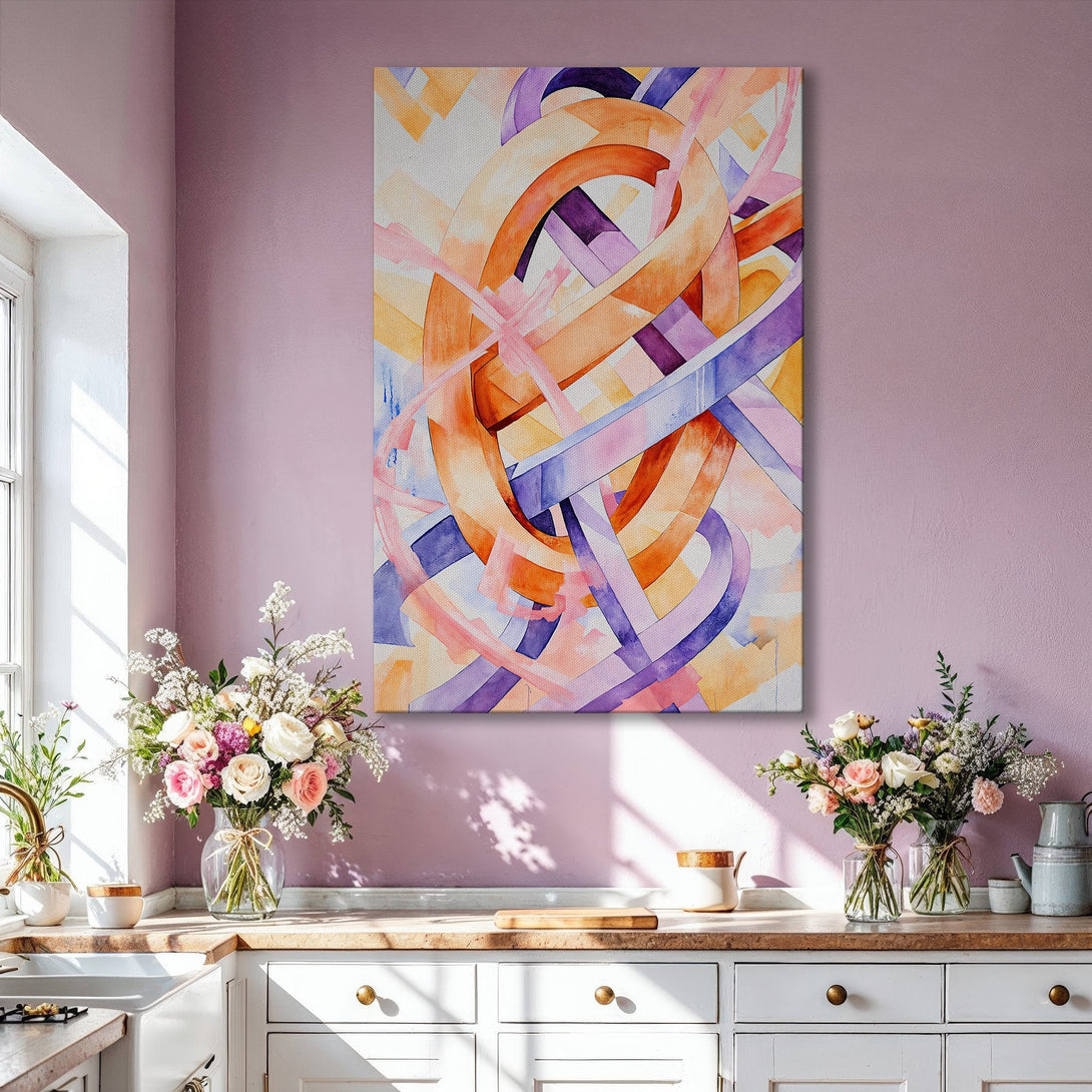 Framed Wall Art: Abstract watercolor painting with warm orange, pink, and purple hues. Modern art canvas print adds a pop of color to any interior.