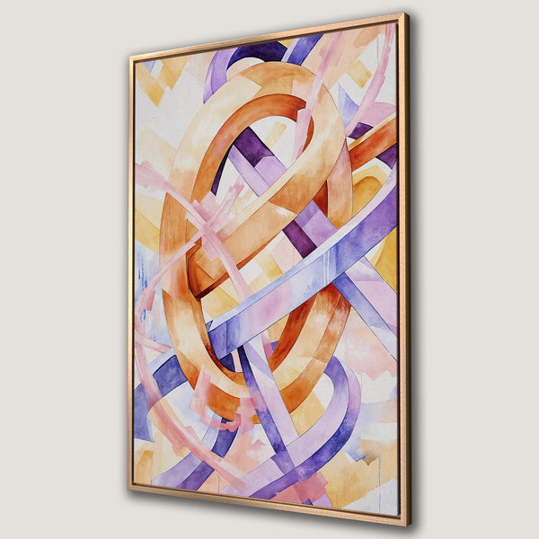 Framed Wall Art: Abstract watercolor painting with intersecting lines in warm orange, purple, and pink hues. Modern art for your home!