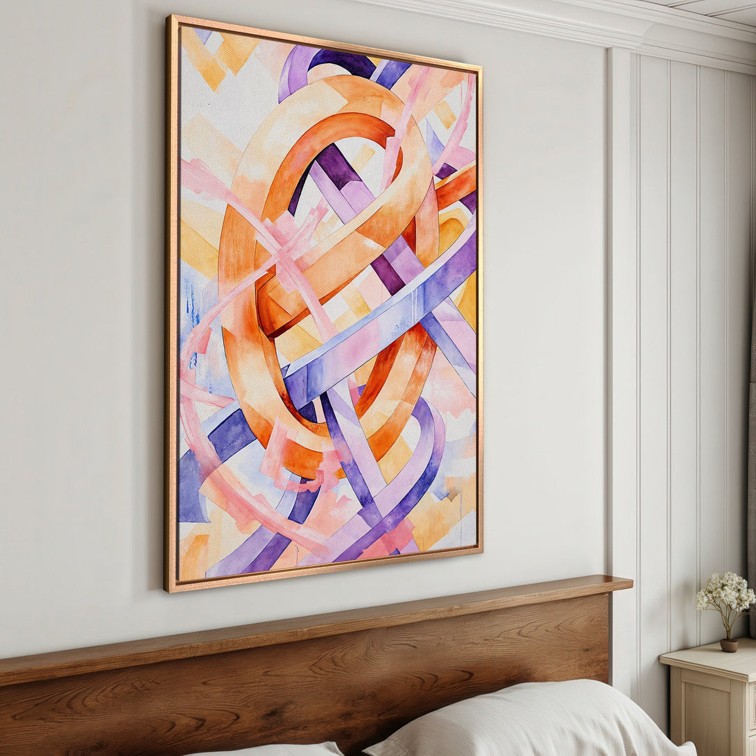 Framed Wall Art: Abstract watercolor Canvas Print in orange, purple, and pink. Modern art for bedroom decor. Add a pop of color to your space!