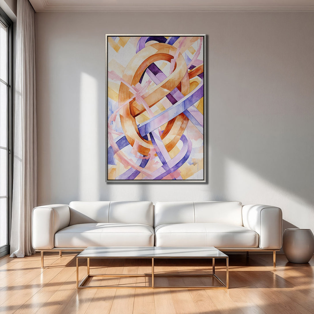Framed Wall Art: Abstract watercolor art in warm orange, purple, and pink tones. Modern canvas print adds a pop of color to any living room.