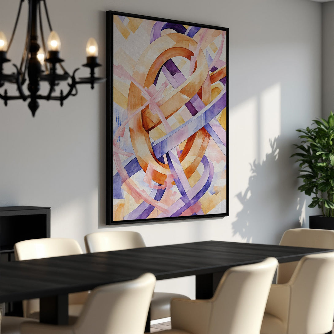Framed Wall Art: Abstract watercolor print in warm tones of orange, purple, and pink. Modern art for dining room decor.