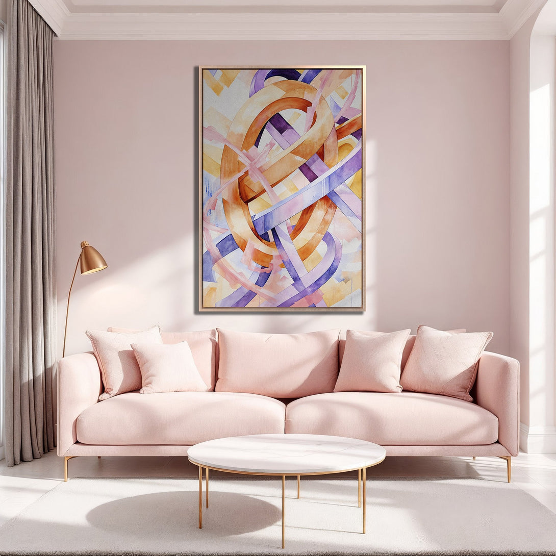 Framed Wall Art: Abstract watercolor painting in warm tones of orange, purple, and pink. Modern art for living room decor. Canvas Print available.