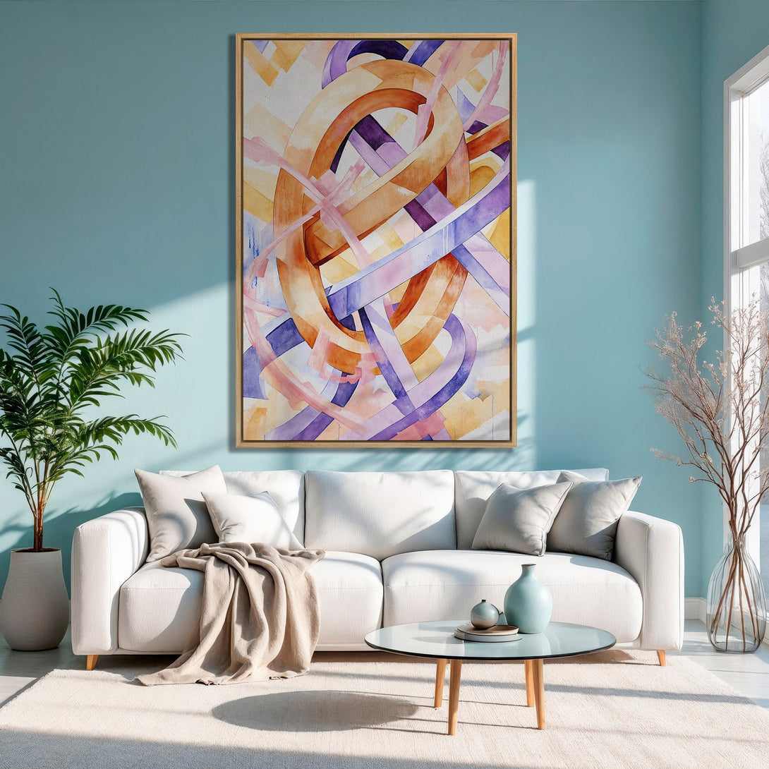 Framed Wall Art: Abstract watercolor art in warm tones of orange, purple, and pink. Modern art canvas print for living room decor.