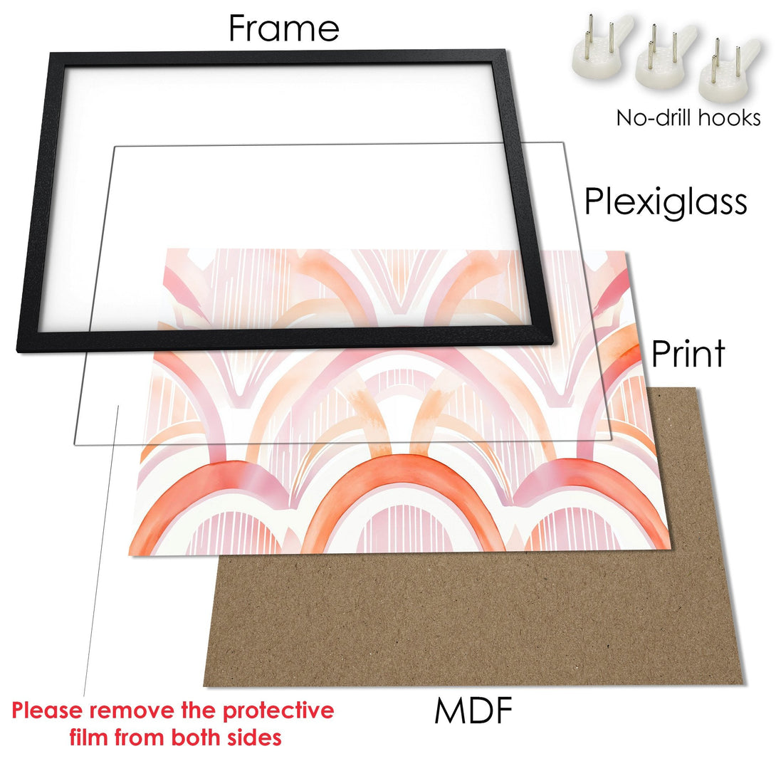 Framed Poster with abstract watercolor design in pink and orange hues. Modern art print for home decor.
