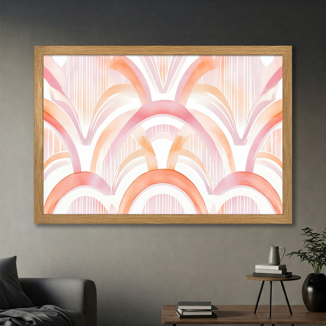 Framed Poster featuring an abstract watercolor design in a soft pink and peach color palette, perfect for adding a touch of art to your space.