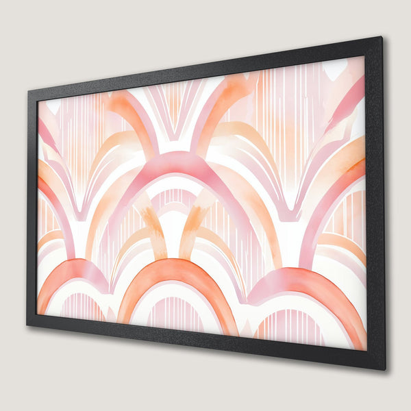 Framed Poster featuring a watercolor abstract design in shades of pink, peach, and white. Modern art for home decor.