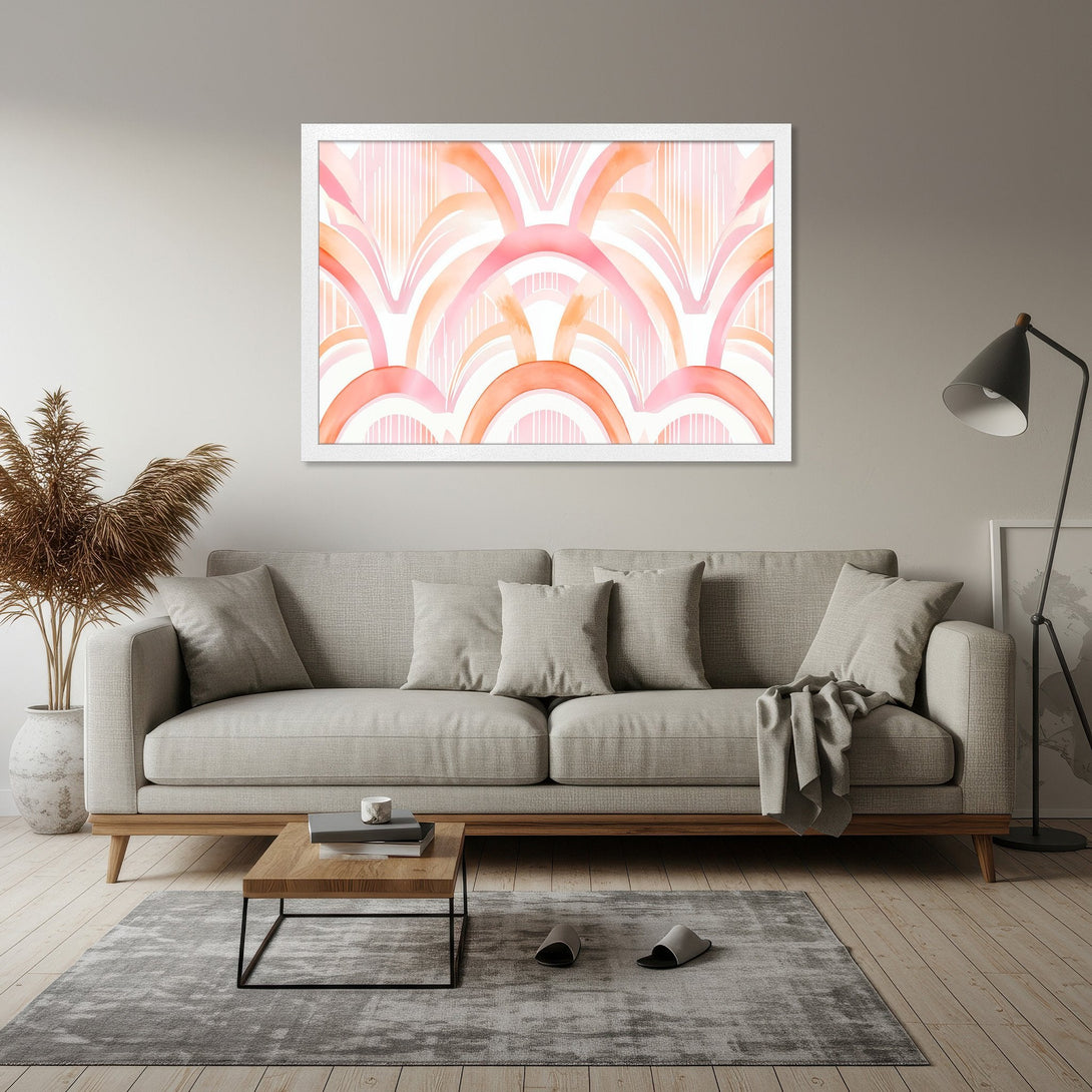 Framed Poster featuring a watercolor abstract design in pink and peach tones. Modern art for your home decor.