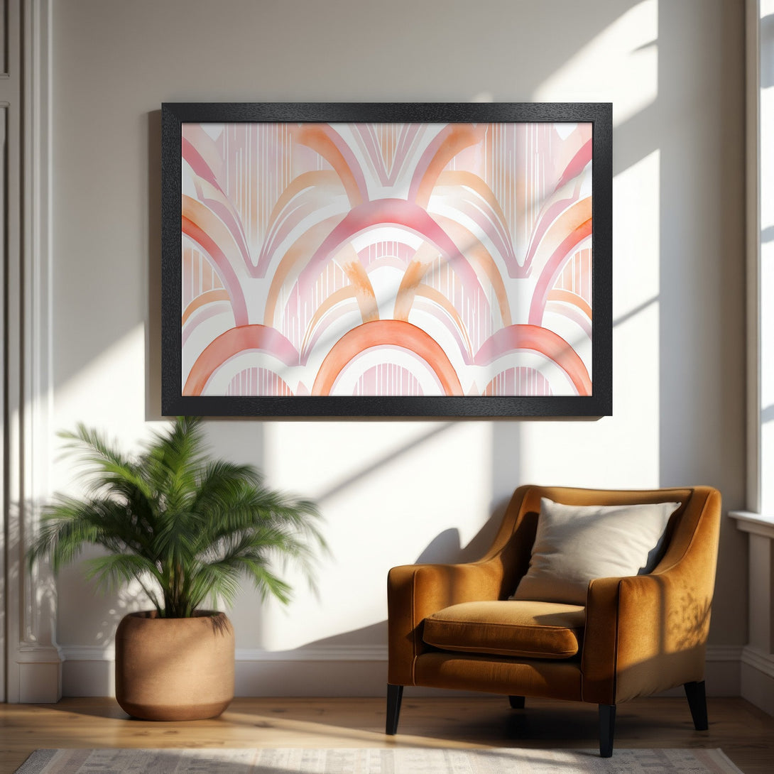 Framed Poster featuring an abstract watercolor design in peach and pink tones, perfect for modern decor.