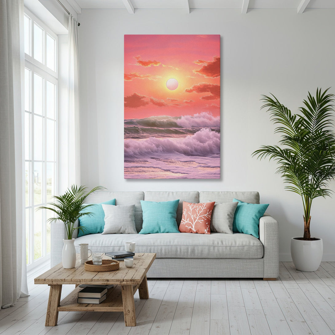 Framed Wall Art: Sunset ocean scene with pink, orange, and blue hues. Coastal style Canvas Print adds a touch of serenity to any room.