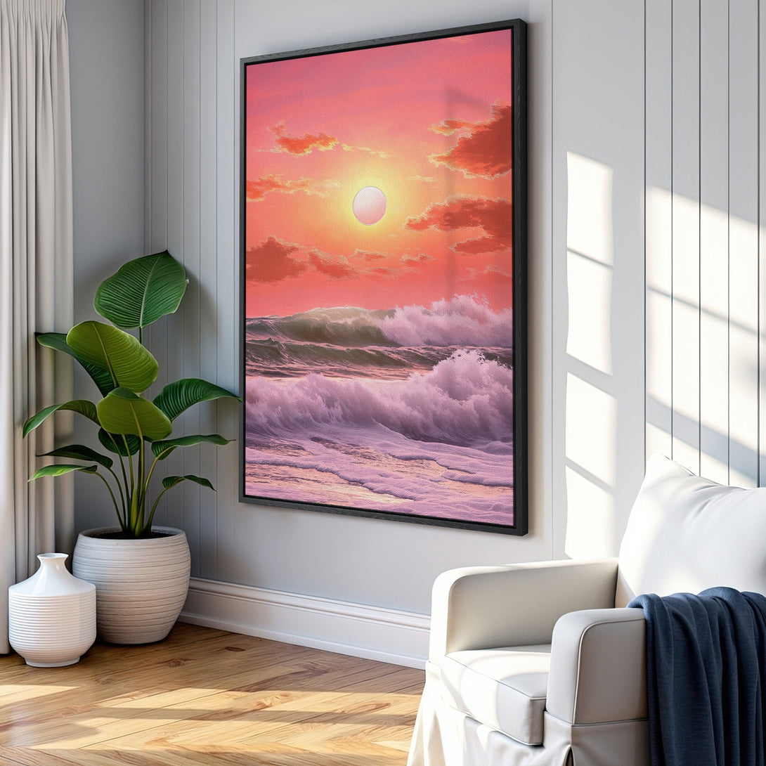 Framed Wall Art: Sunset ocean waves in pink & orange hues. Coastal art for a serene living room. Enhance your space with this beautiful canvas print.