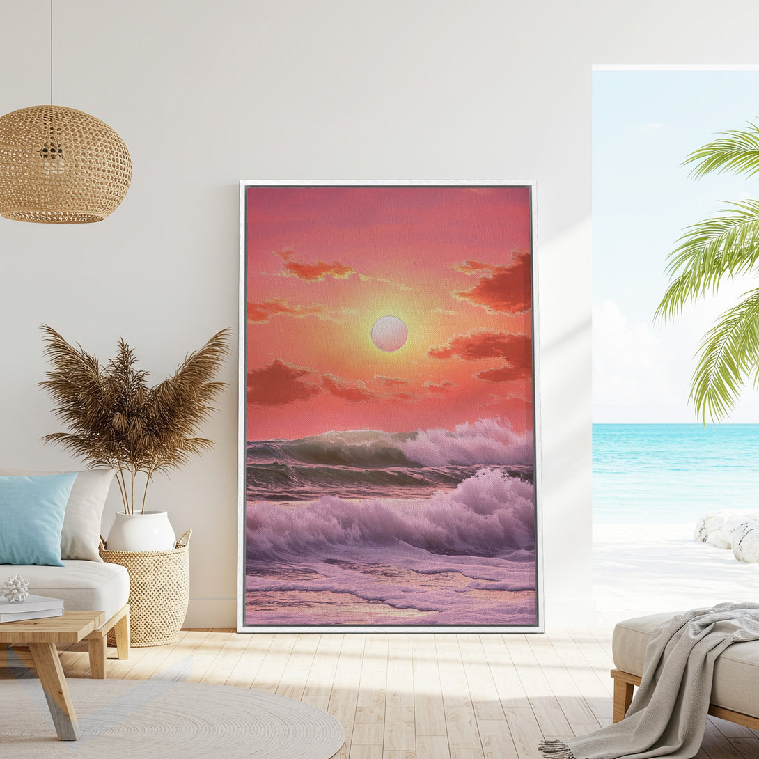 Framed Wall Art: Coastal sunset canvas print in a modern interior. Features ocean waves and a warm pink and orange color palette. Perfect for beach decor.